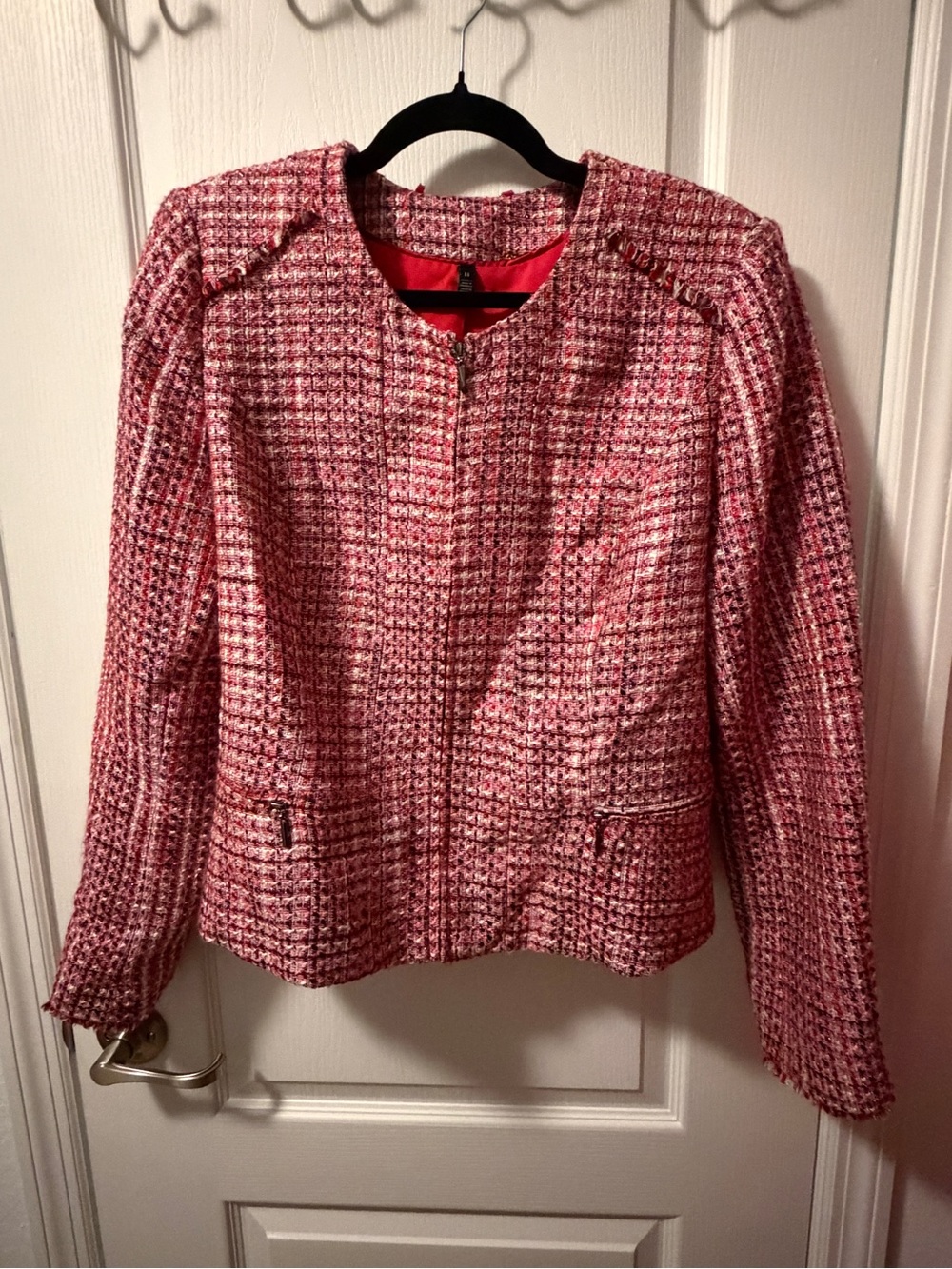 White House Black Market Pink Tweed Collarless Zip Blazer